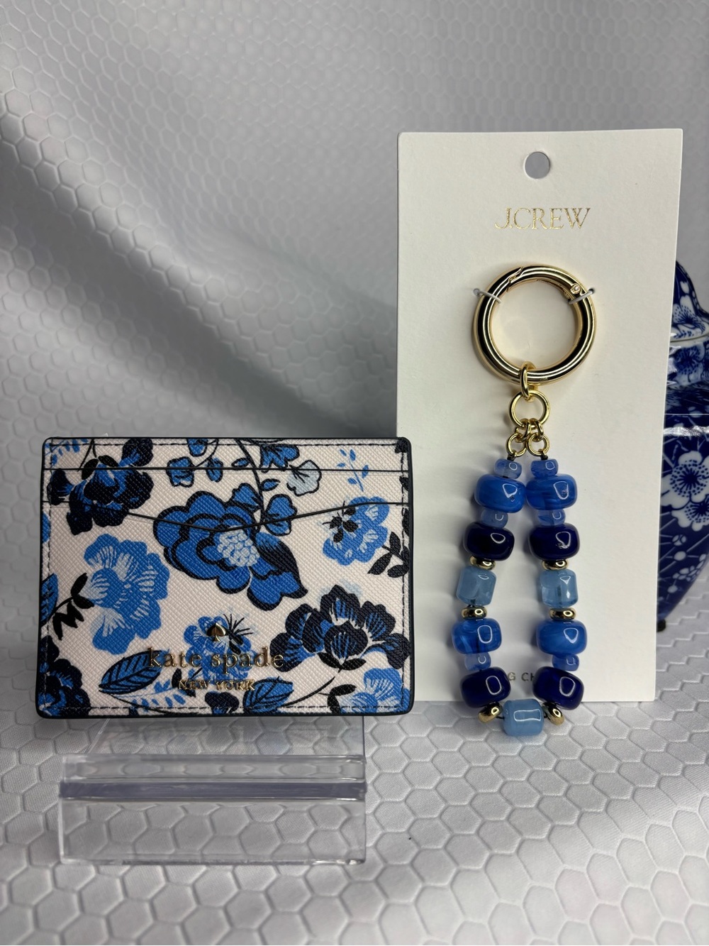 kate spade Blue Floral Card Holder and J.Crew Blue Beaded Bag Charm/Keyring NWT